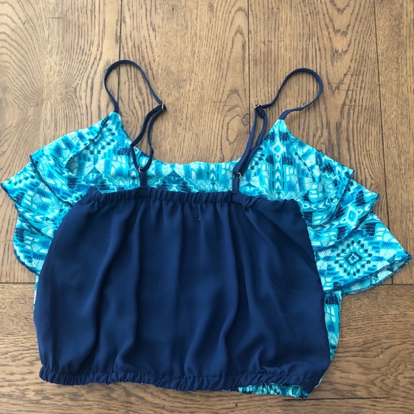 Blue tribal ruffled crop tank - Picture 3 of 5